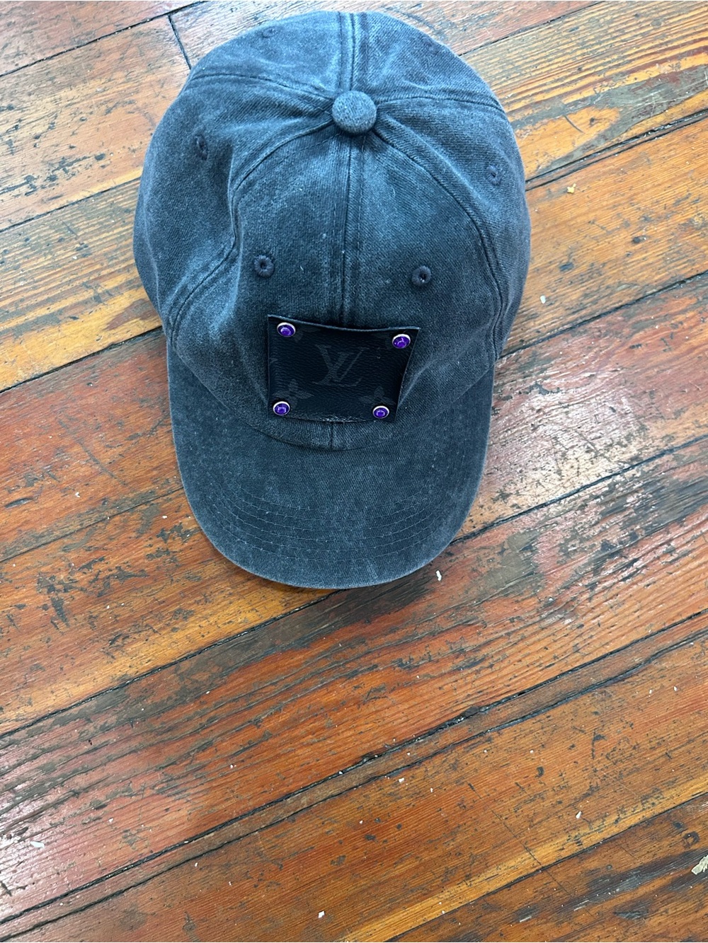 Upcycled distressed Louis Vuitton gray baseball cap Monogram Patch